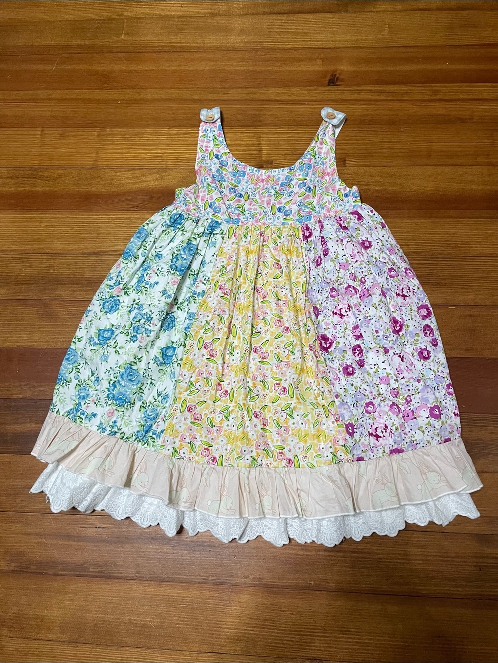 SweetHoney Floral Patchwork Floral Bunny Sundress in Blue, Yellow & Pink Size 12